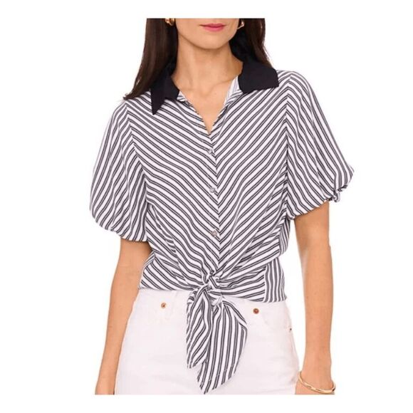 Vince Camuto Women's Chevron-Stripe Puff-Sleeve Tie-Front Top NWT sz Medium - Picture 1 of 9